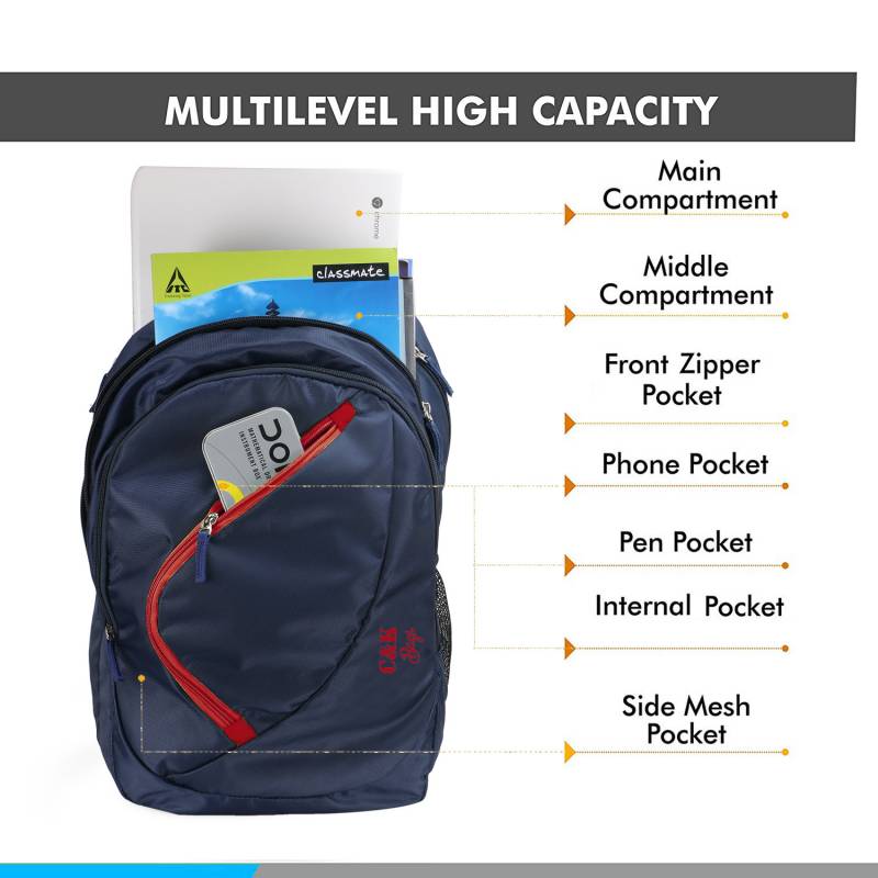 CandK Navy-Red Polyester 25L School Bag