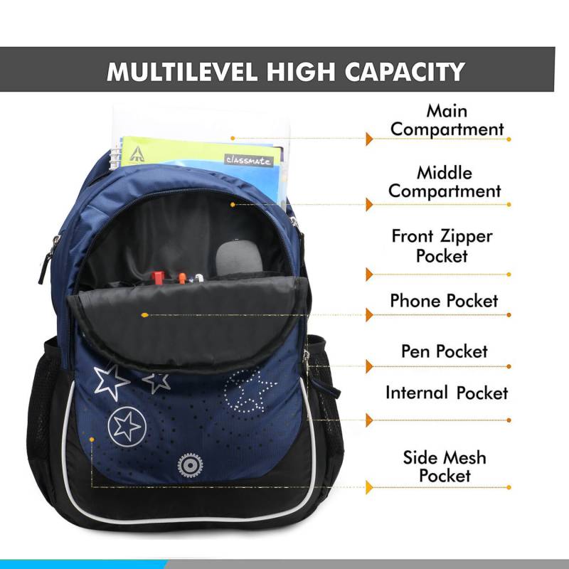 CandK Blue-Black Polyester 30L Lightweight School Bag