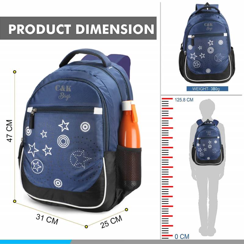 CandK Blue-Black Polyester 30L Lightweight School Bag